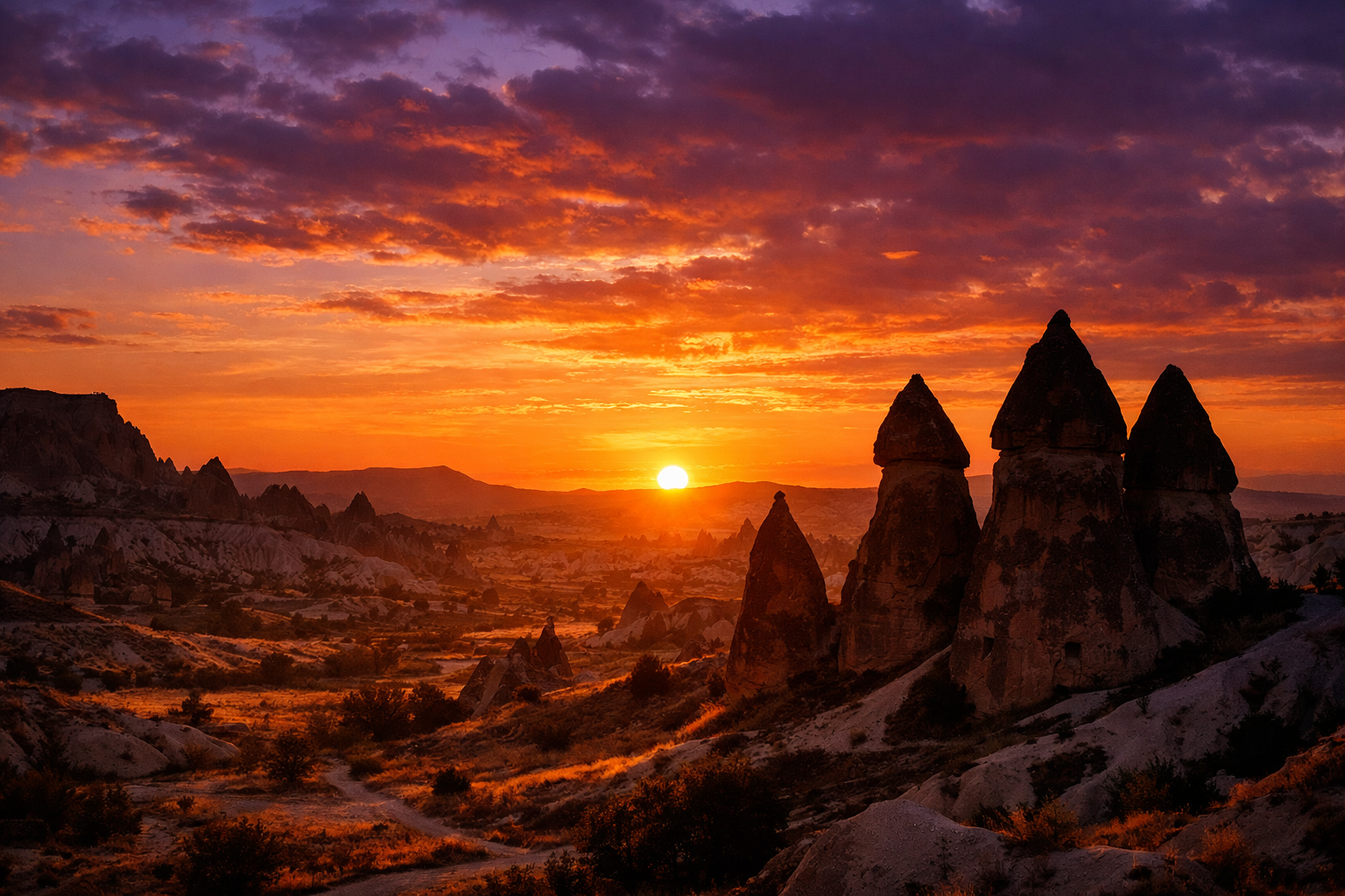 Kapadokya vadisinde gun batimi manzarasi