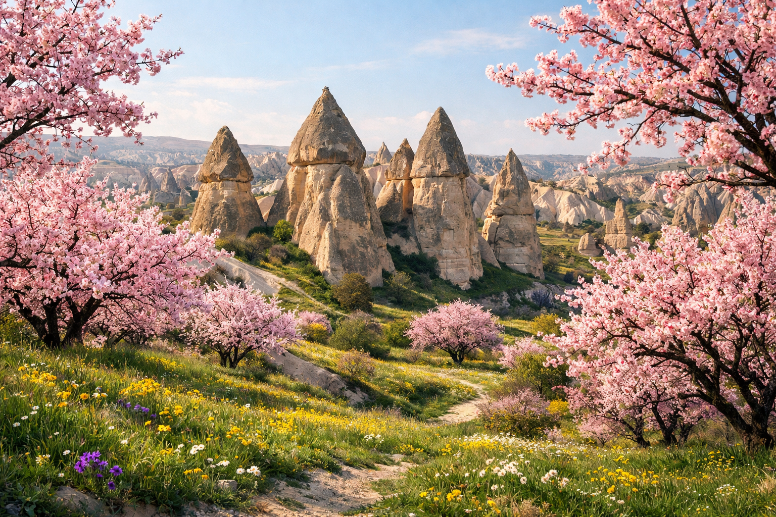 Ilkbaharda cicek acmis Kapadokya vadisi